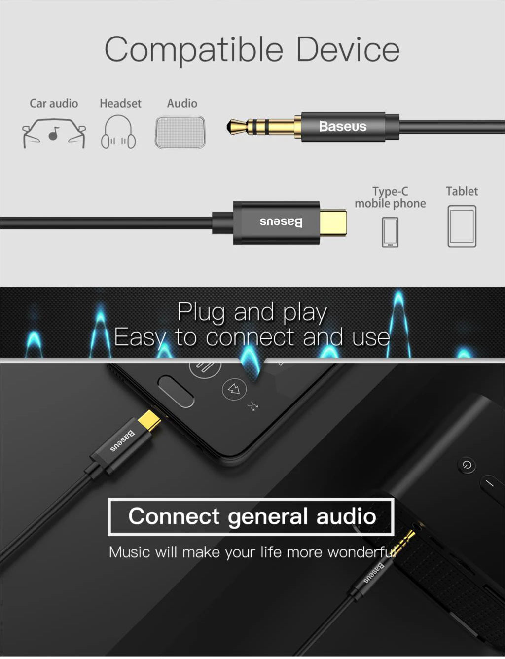 Baseus USB Type C Aux Audio Cable USBC to 3.5mm Jack Female Adapter For Headphone Headset Speaker Cord For Xiaomi Huawei Samsung