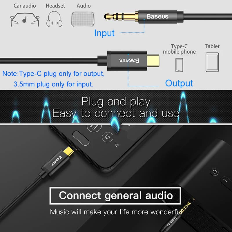 Baseus USB Type C Aux Audio Cable USBC to 3.5mm Jack Female Adapter For Headphone Headset Speaker Cord For Xiaomi Huawei Samsung