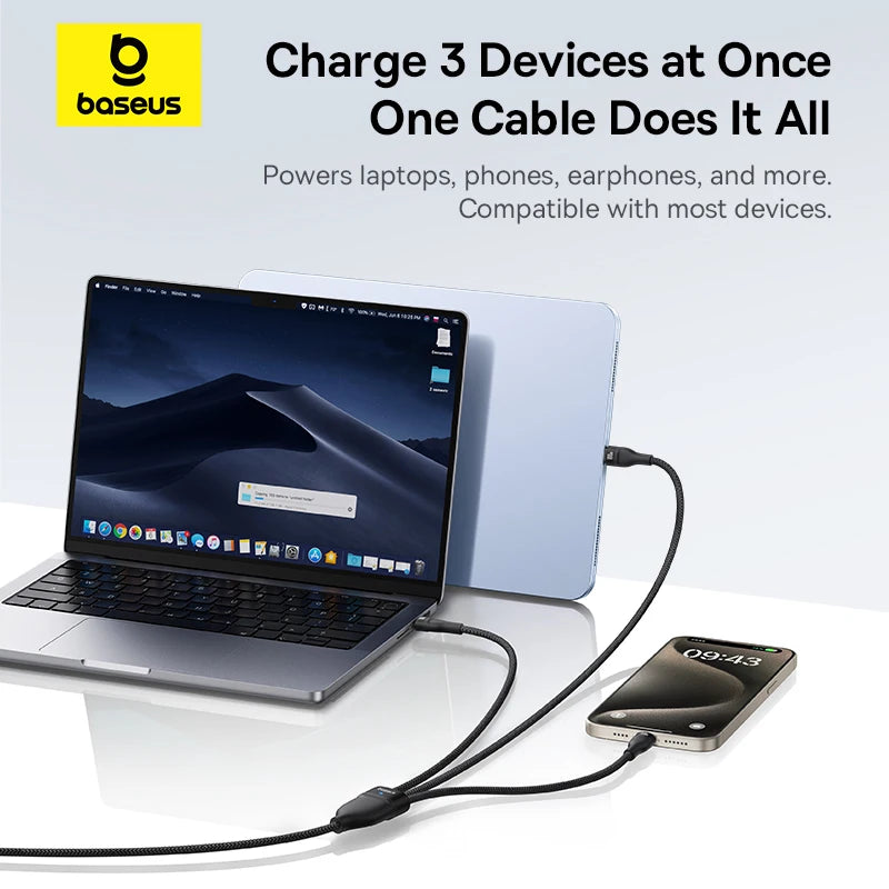Baseus 3 in 1 USB C Cable 6A 100W Fast Charging Cable For iphone 15 16 pro Type C Cable For Macbook Air Data Cord Xiaomi Oneplus