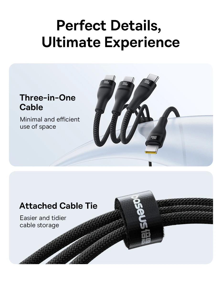 Baseus 3 in 1 USB C Cable 6A 100W Fast Charging Cable For iphone 15 16 pro Type C Cable For Macbook Air Data Cord Xiaomi Oneplus