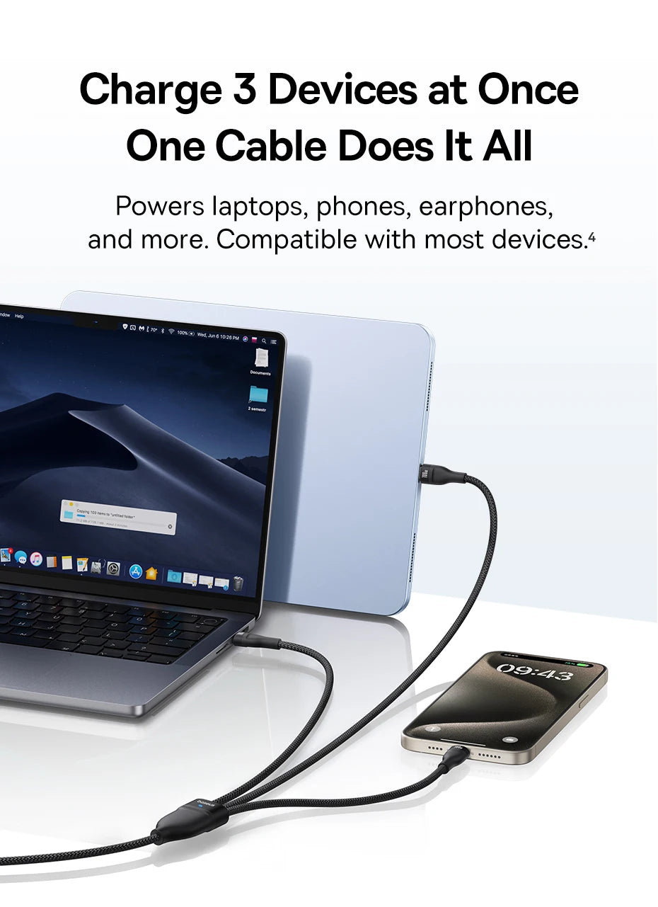Baseus 3 in 1 USB C Cable 6A 100W Fast Charging Cable For iphone 15 16 pro Type C Cable For Macbook Air Data Cord Xiaomi Oneplus