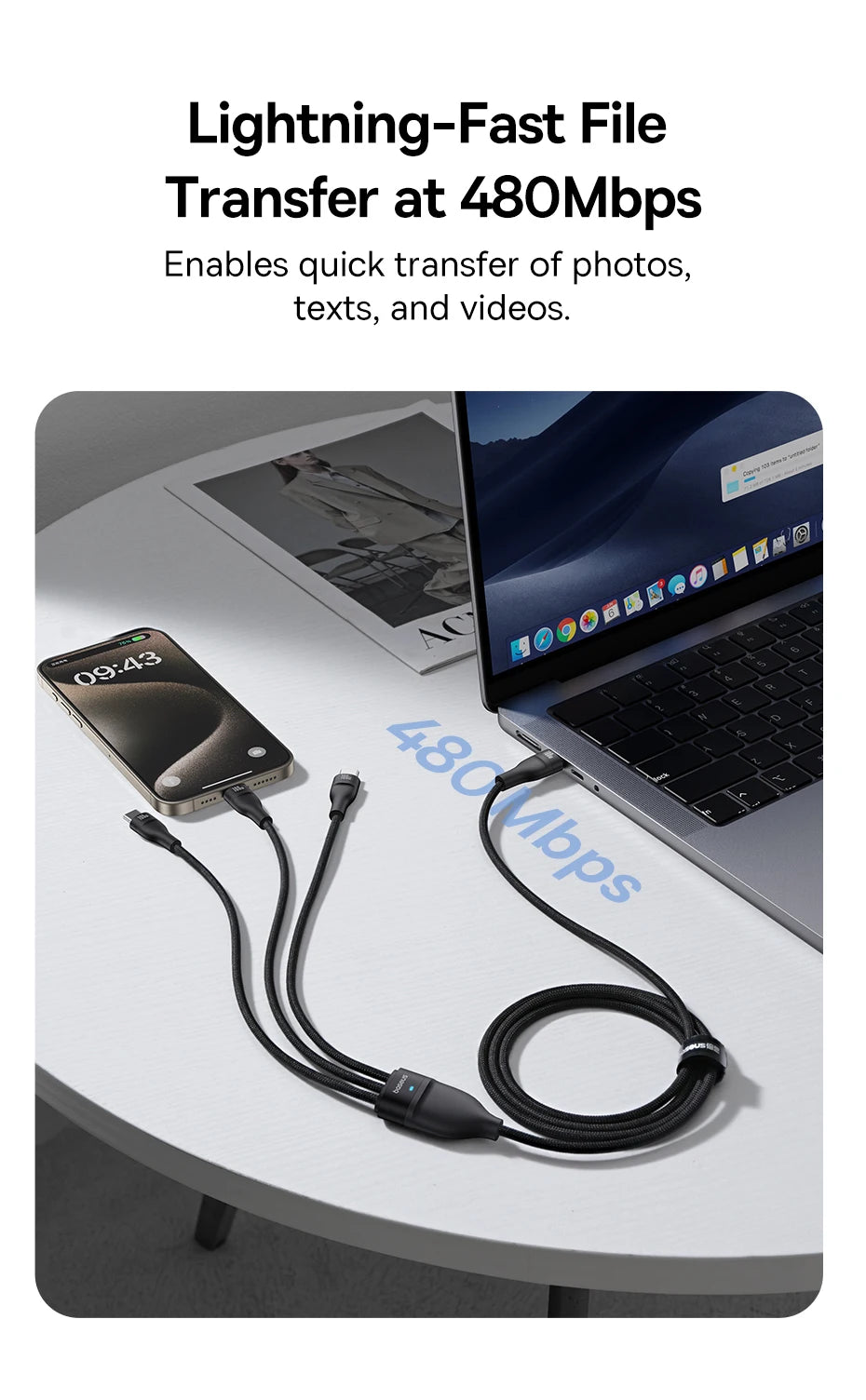 Baseus 3 in 1 USB C Cable 6A 100W Fast Charging Cable For iphone 15 16 pro Type C Cable For Macbook Air Data Cord Xiaomi Oneplus