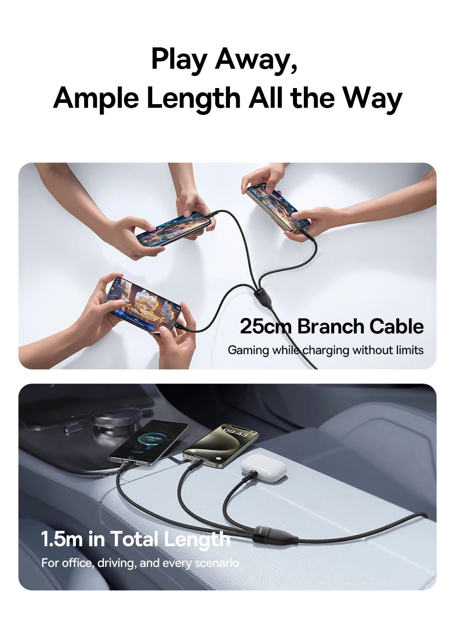 Baseus 3 in 1 USB C Cable 6A 100W Fast Charging Cable For iphone 15 16 pro Type C Cable For Macbook Air Data Cord Xiaomi Oneplus