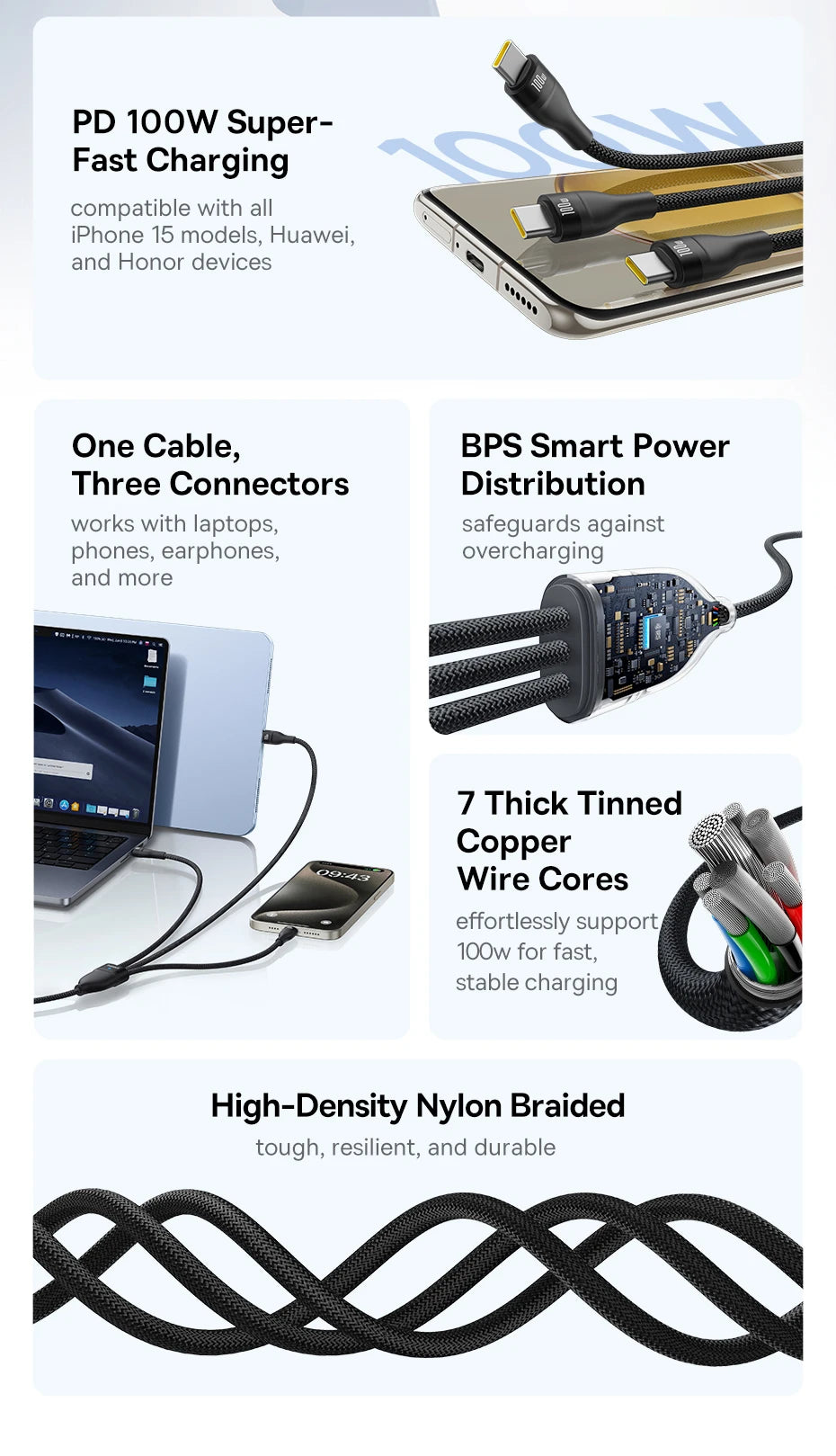 Baseus 3 in 1 USB C Cable 6A 100W Fast Charging Cable For iphone 15 16 pro Type C Cable For Macbook Air Data Cord Xiaomi Oneplus