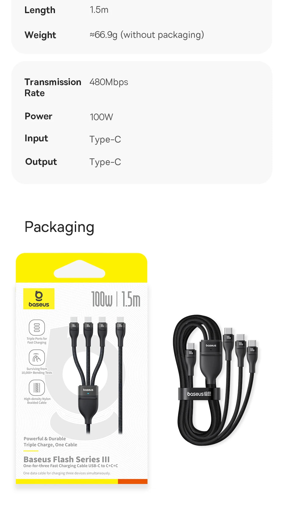 Baseus 3 in 1 USB C Cable 6A 100W Fast Charging Cable For iphone 15 16 pro Type C Cable For Macbook Air Data Cord Xiaomi Oneplus