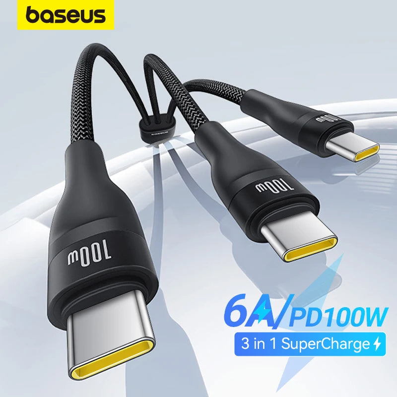 Baseus 3 in 1 USB C Cable 6A 100W Fast Charging Cable For iphone 15 16 pro Type C Cable For Macbook Air Data Cord Xiaomi Oneplus