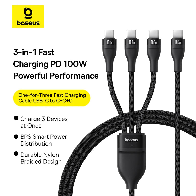 Baseus 3 in 1 USB C Cable 6A 100W Fast Charging Cable For iphone 15 16 pro Type C Cable For Macbook Air Data Cord Xiaomi Oneplus