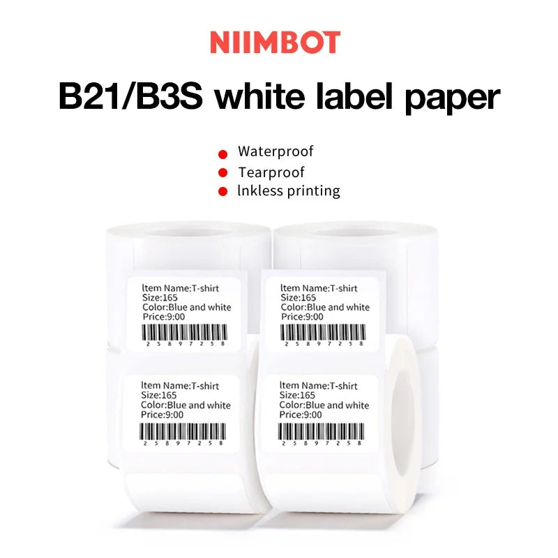 2 Rolls NIIMBOT B21 B3S Thermal Label Clothing Price Food Self-adhesive Tag Waterproof Smart Office Pocket Printer Label Paper