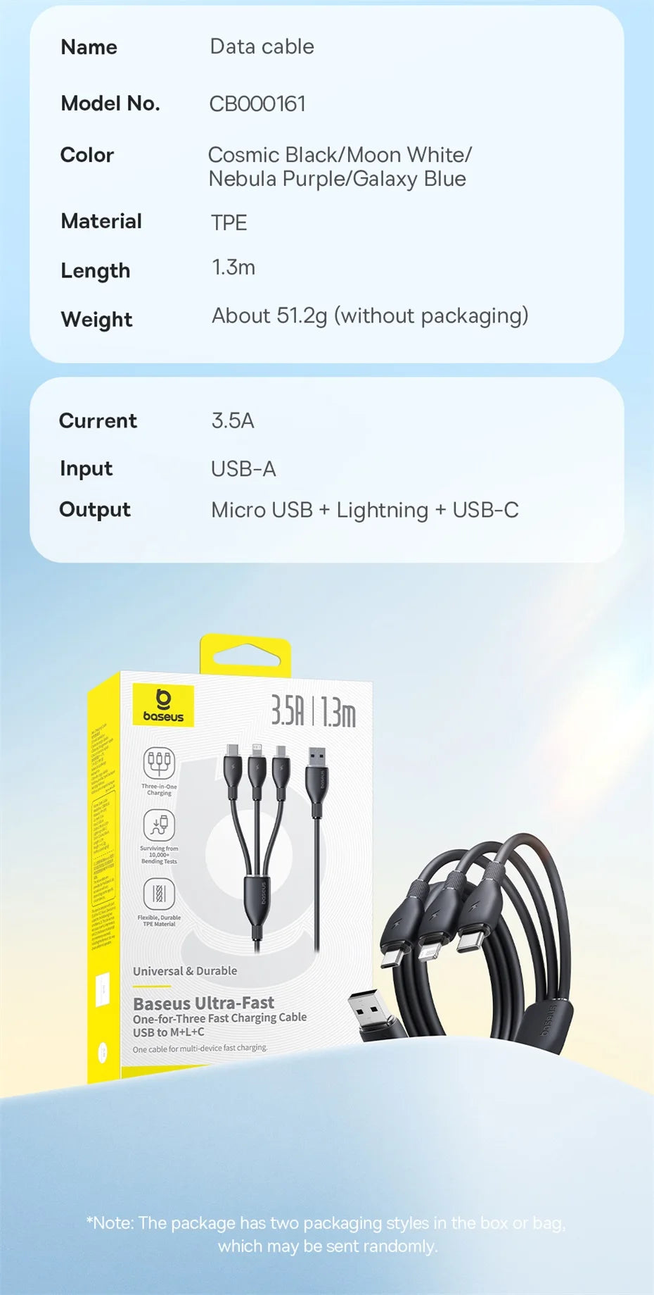 Baseus 3 in 1 USB Cable For Samsung Xiaomi Mi Type C Cable for iPhone 14 13 12 X 11 Pro Max Charger Micro USB C Soft TPE