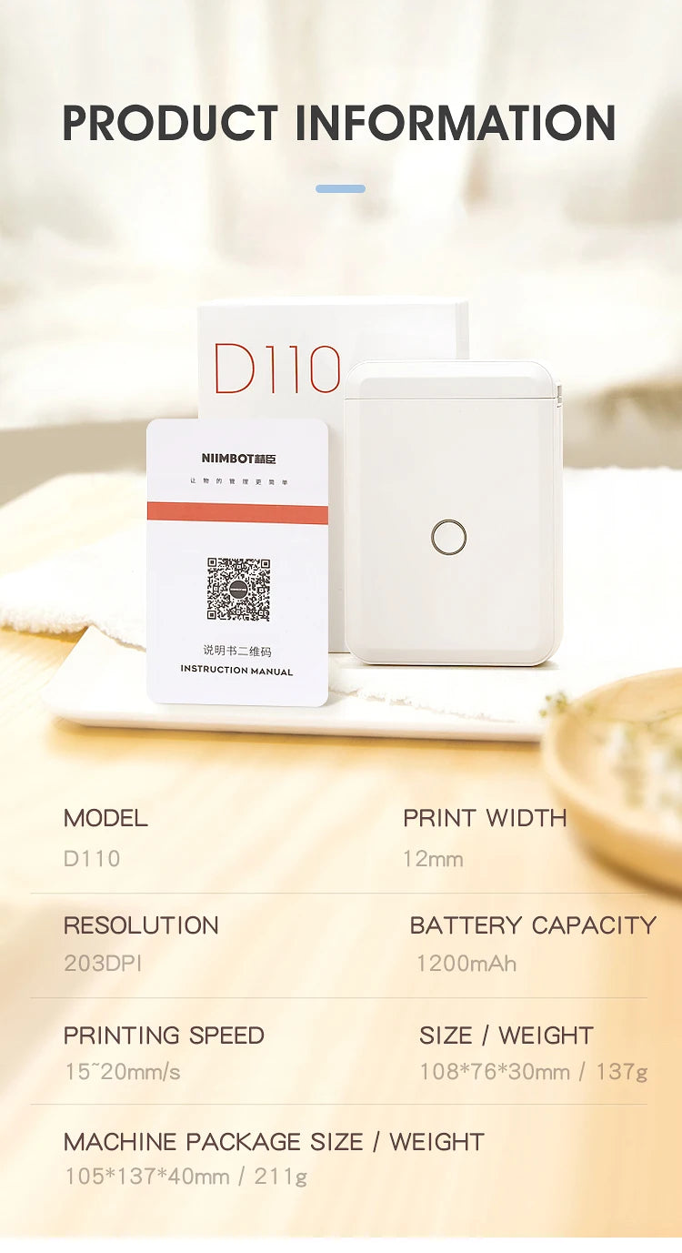 Niimbot D110 Mini Portable Thermal Printer Without Ink Self-Adhesive Label Maker Printer For Stickers Labeller Labeling Machine