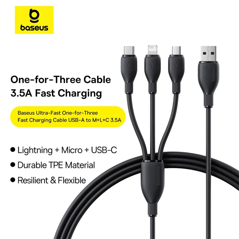 Baseus 3 in 1 USB Cable For Samsung Xiaomi Mi Type C Cable for iPhone 14 13 12 X 11 Pro Max Charger Micro USB C Soft TPE