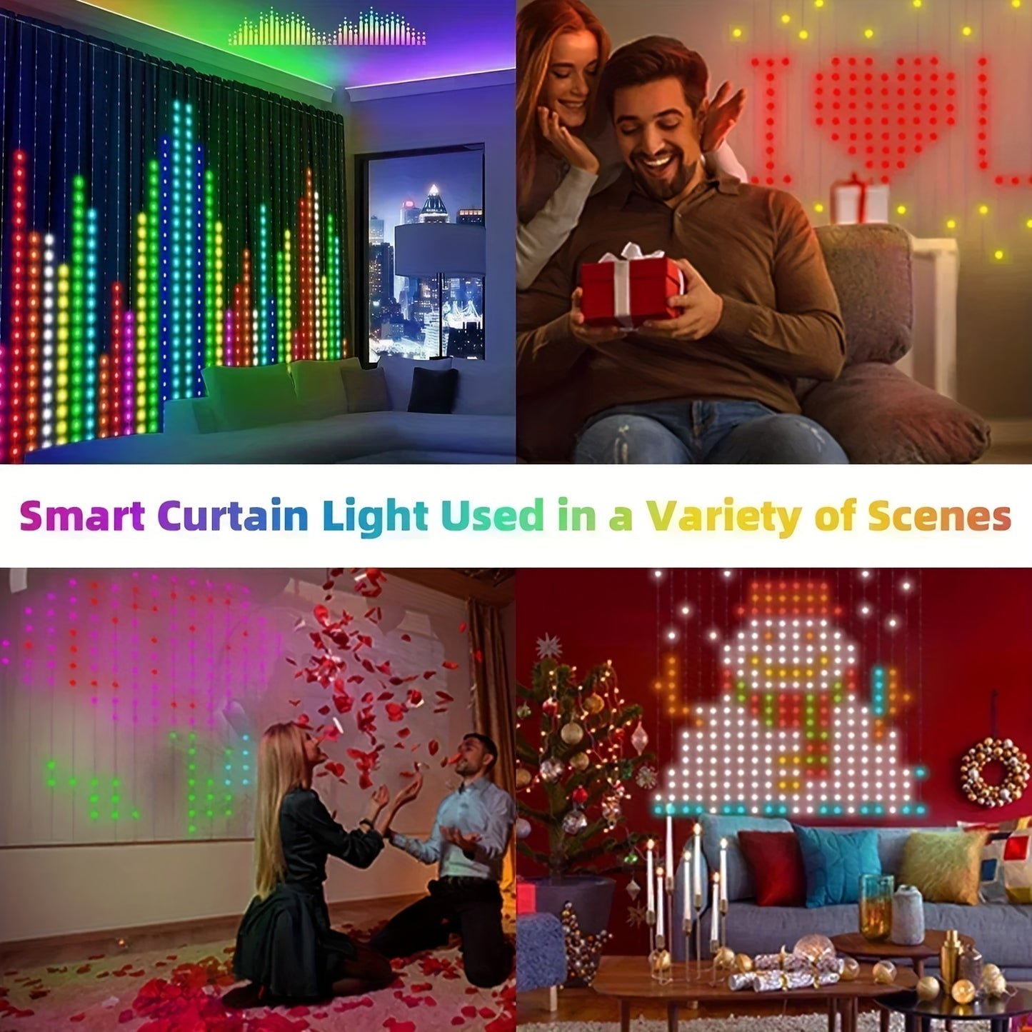 1pc Smart LED Curtain Lights, 158.5cm x 158.5cm, DIY Artistic Indoor String Lights with App & Remote Control, USB Powered, RGB & Warm White, Music Sync, Dimmable, for Wedding, New Year, Christmas, Valentine's, Thanksgiving, M